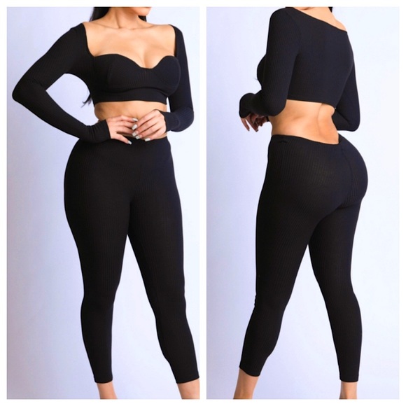 BLACK SWEETHEART LONG SLEEVE TOP & LEGGINGS SET - Picture 1 of 1